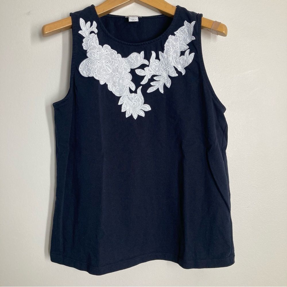 J. Crew Women's Small Navy Sleeveless Top with White Floral Embroidery 100%…